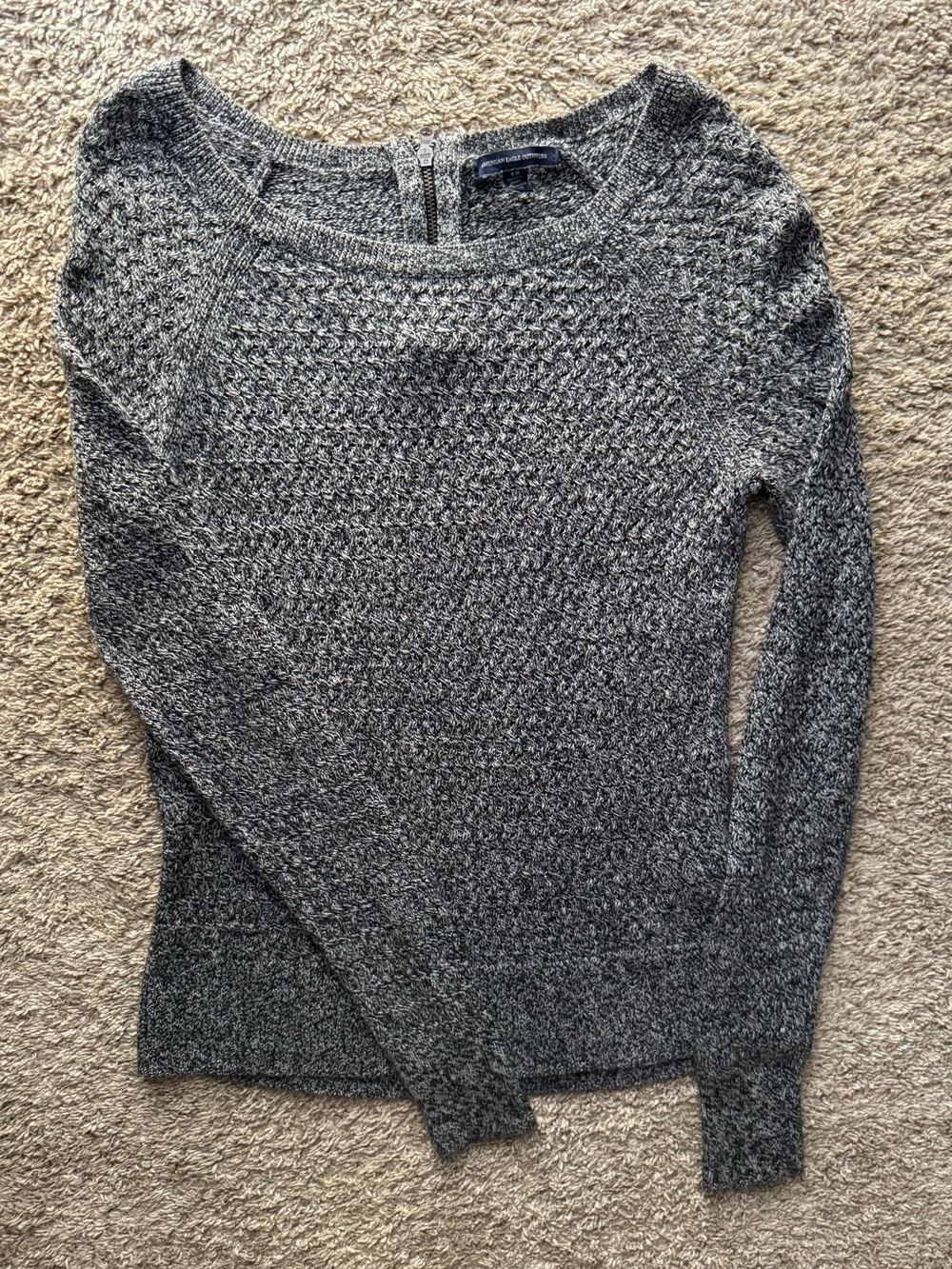 American Eagle Gray Marled Open Knit Zip Back Sweater Size Small